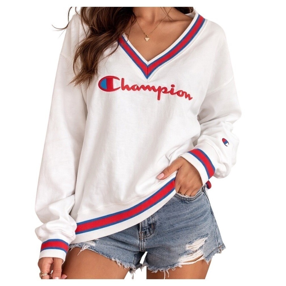 Champion Heritage Athletic Apparel V-Neck Sweatshirt Size Small White Collegiate